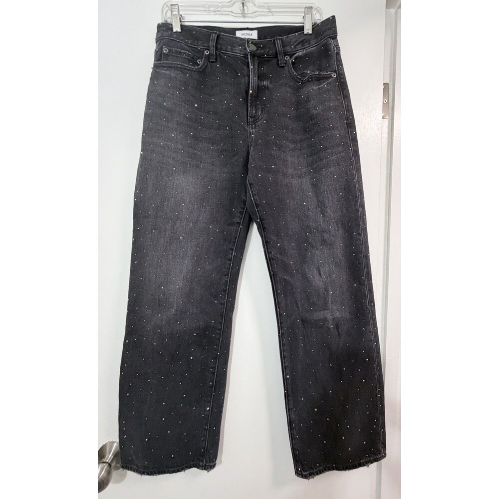 Pistola Lexi Mid-Rise Bowed Straight Jeans Silver Screen Black & rhinestone 28